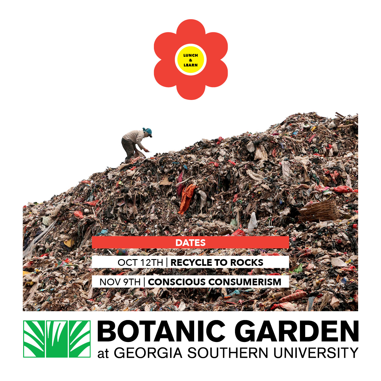 Flyer showing a huge mountain of garbage with a lone individual sorting through it.