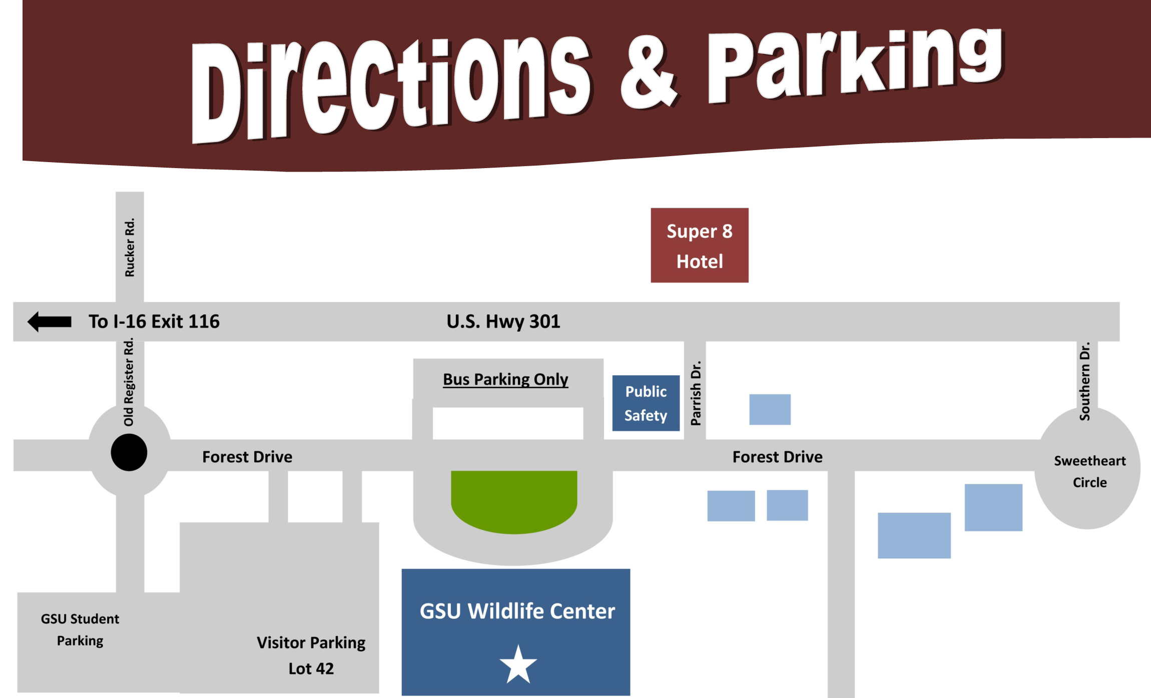 directions and parking map showing parking availability to the West of the wildlife center.