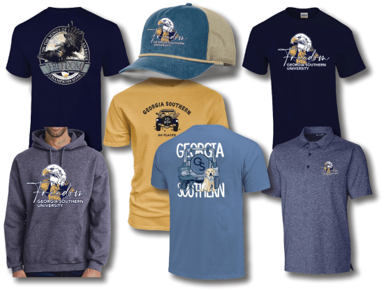selection of freedom related merchandise options including t-shirts, a hoodie, and a hat